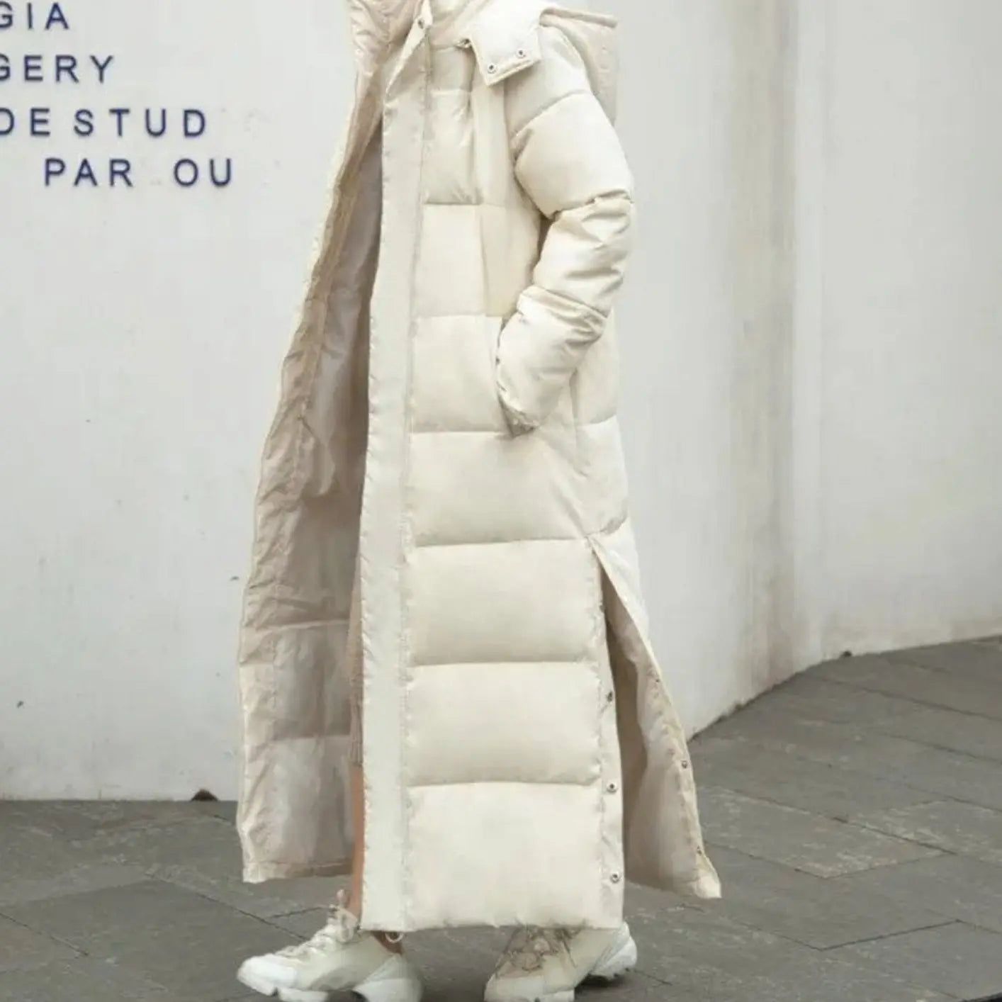Women's Long Quilted Padded Zip-Up Winter Coat - Beige