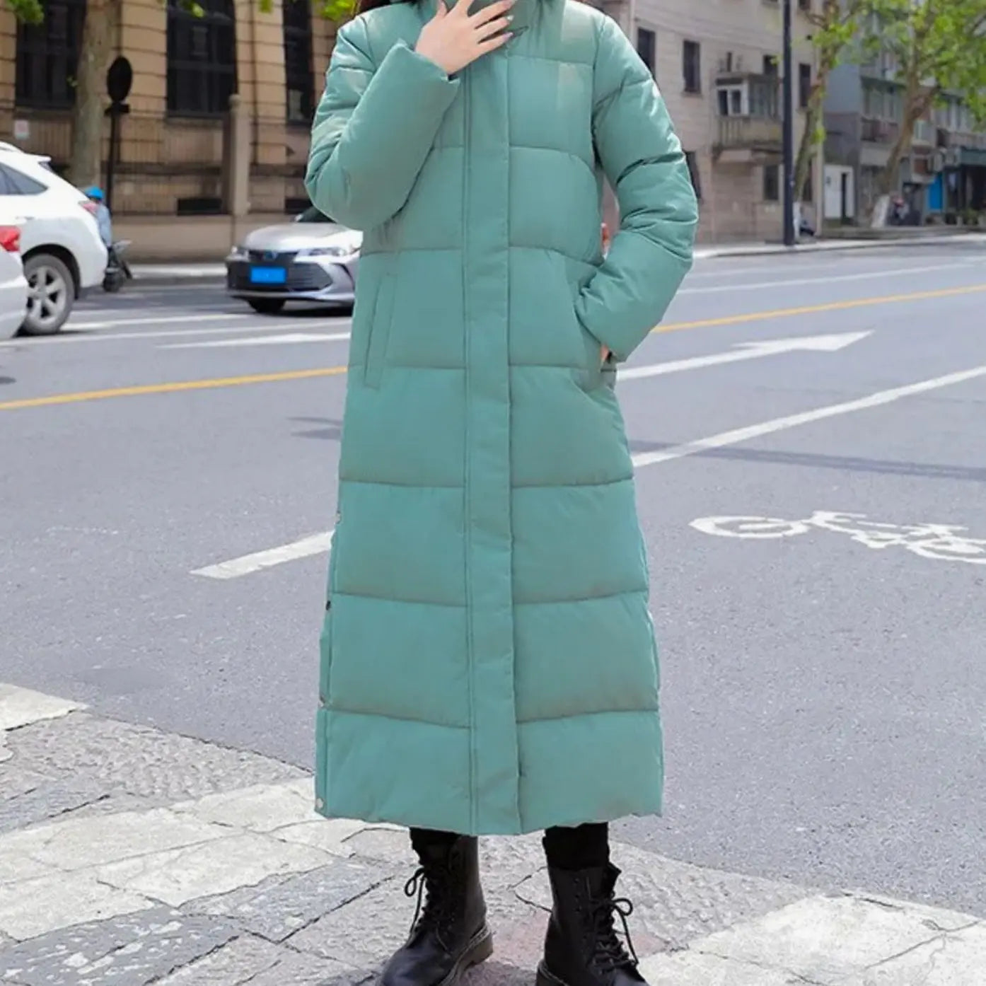 Women's Long Quilted Padded Zip-Up Winter Coat - Green