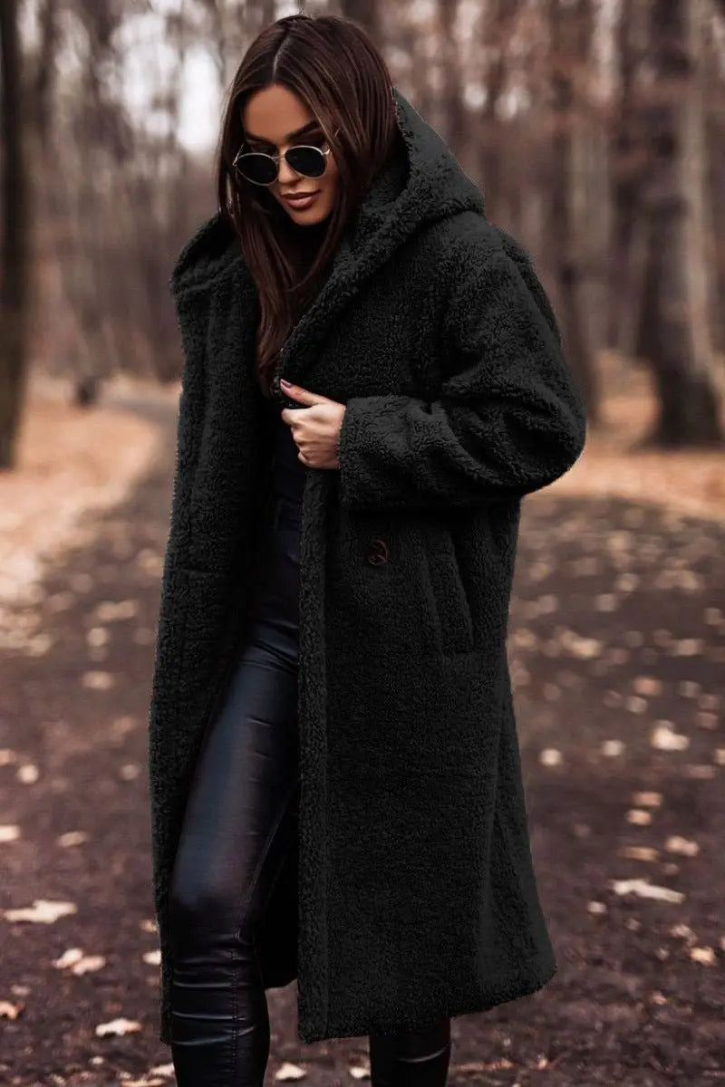 Women's Long Relaxed-Fit Fleece Teddy Coat Puffer Jacket - Black