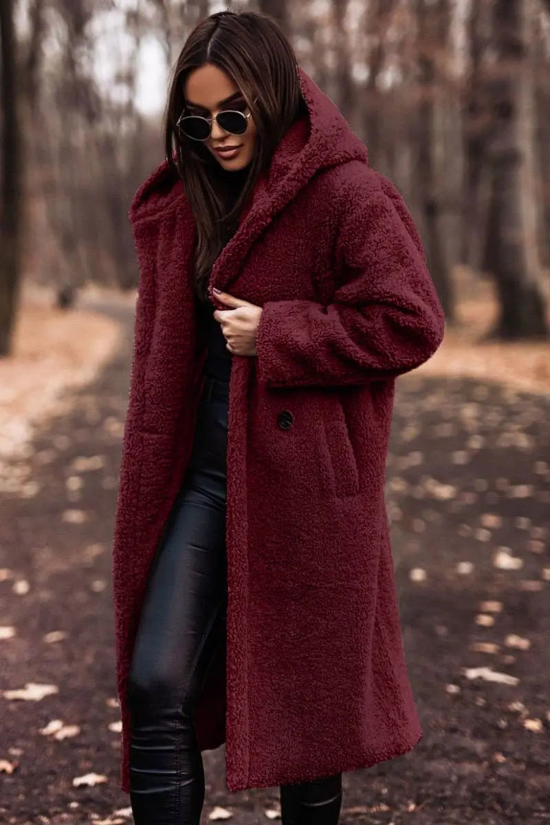 Women's Long Relaxed-Fit Fleece Teddy Coat Puffer Jacket - Red