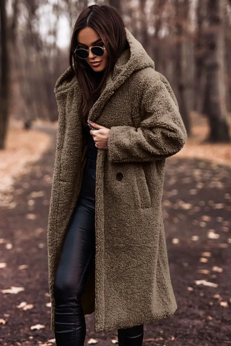 Women's Long Relaxed-Fit Fleece Teddy Coat Puffer Jacket - Khaki