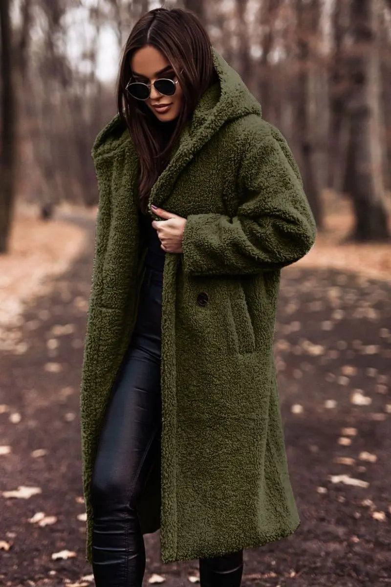 Women's Long Relaxed-Fit Fleece Teddy Coat Puffer Jacket - Dark Green