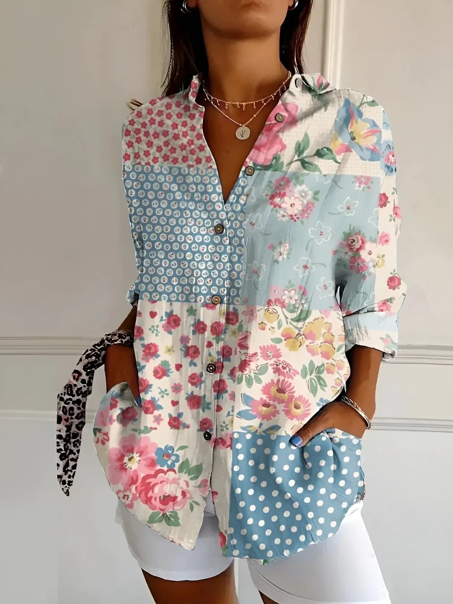 Women's Long Sleeve Blouse Button Down Relaxed Fit - Floral Blue