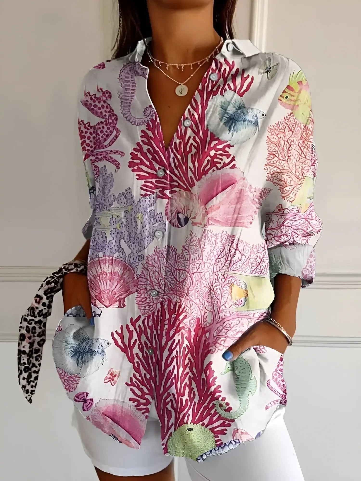 Women's Long Sleeve Blouse Button Down Relaxed Fit - Pink