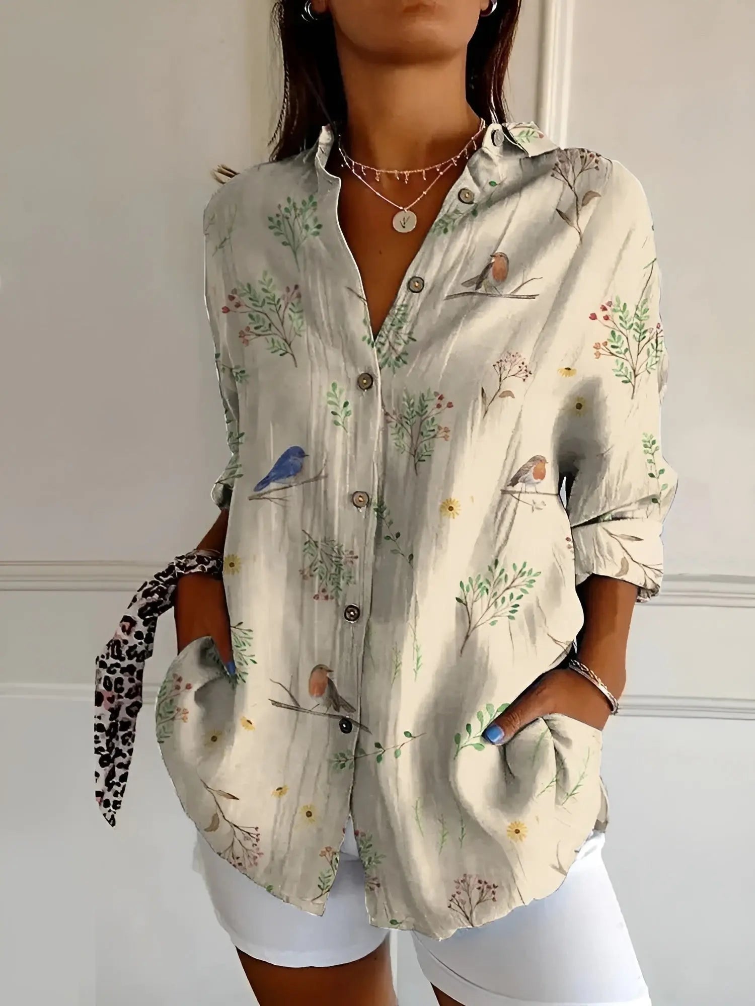 Women's Long Sleeve Blouse Button Down Relaxed Fit - Birds