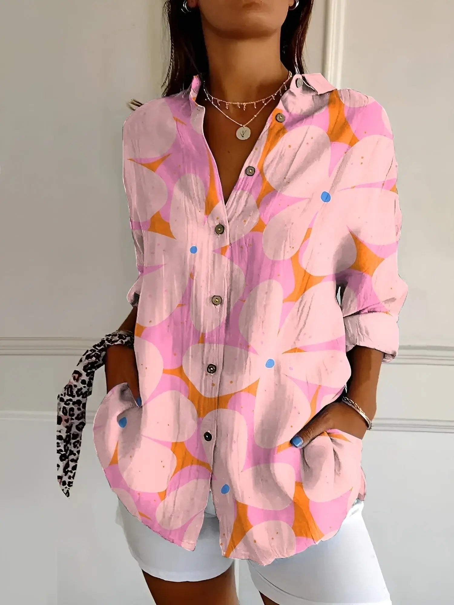 Women's Long Sleeve Blouse Button Down Relaxed Fit - Pink Floral