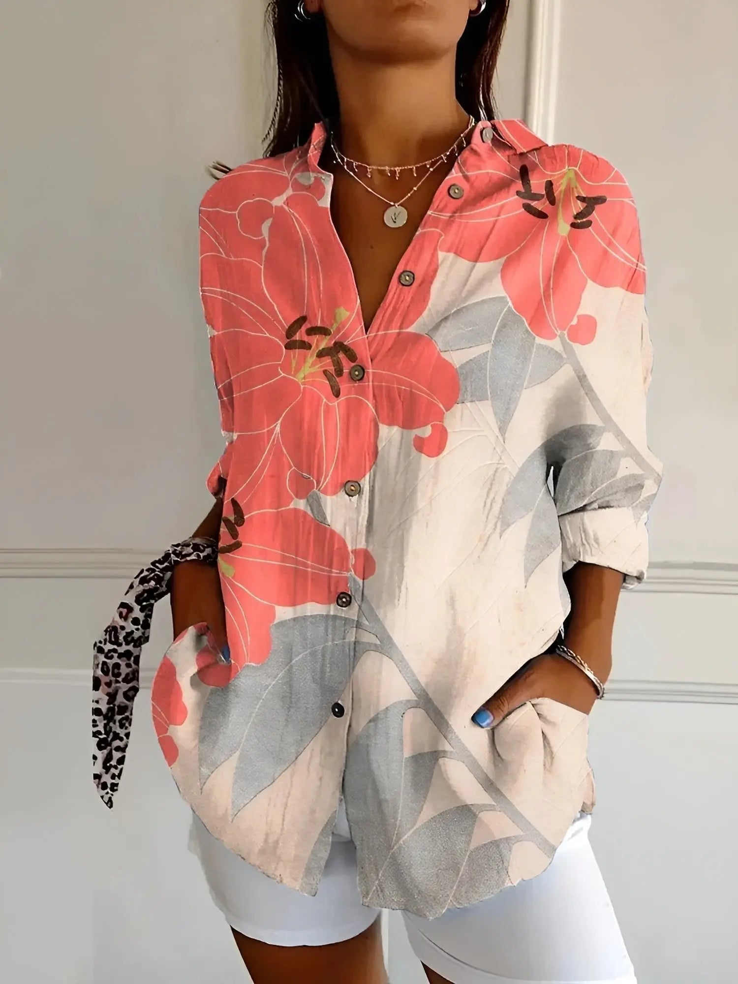 Women's Long Sleeve Blouse Button Down Relaxed Fit - Orange/Gray Floral