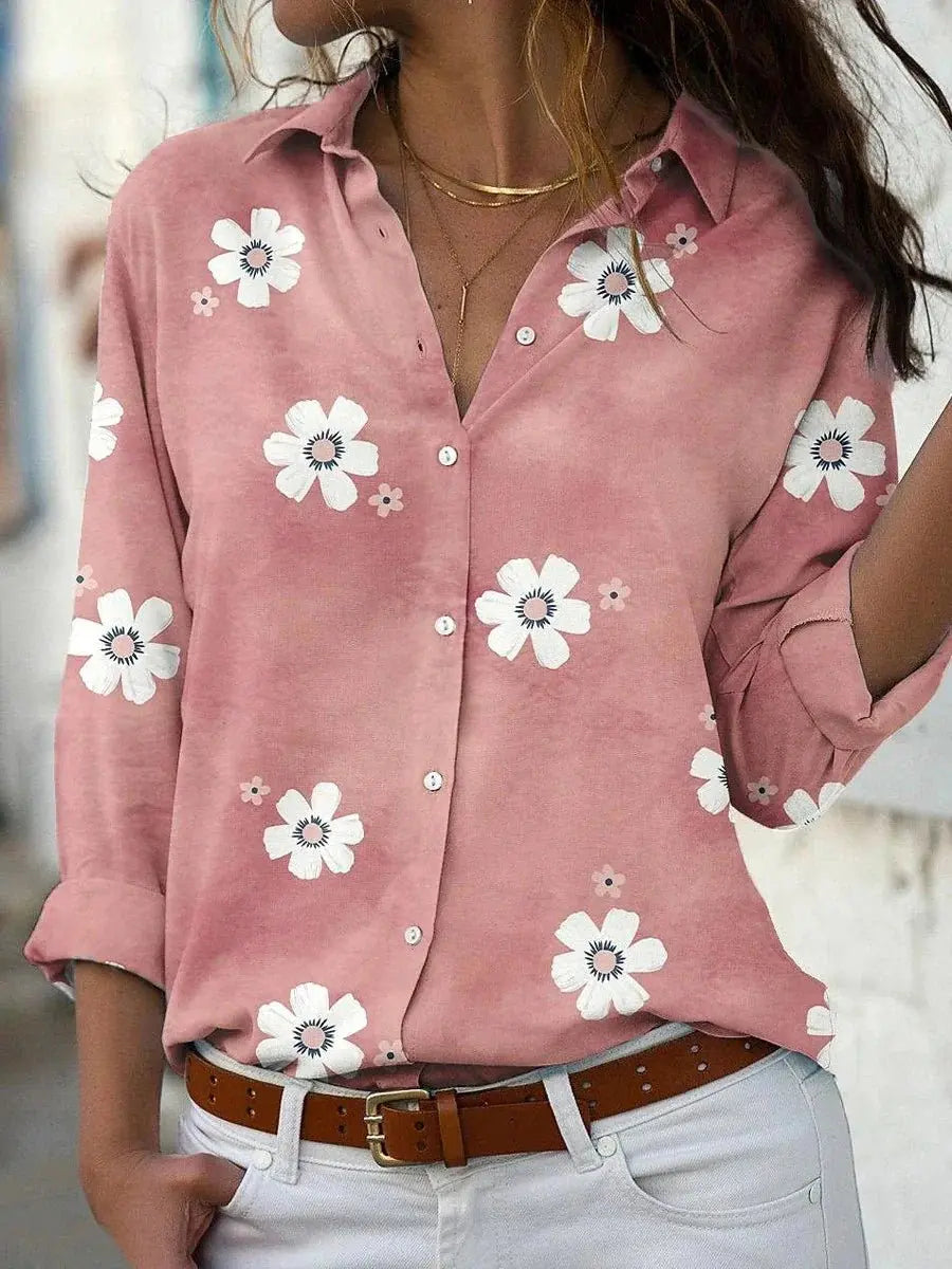 Women's Long Sleeve Blouse Floral Button Down Collar - Pink