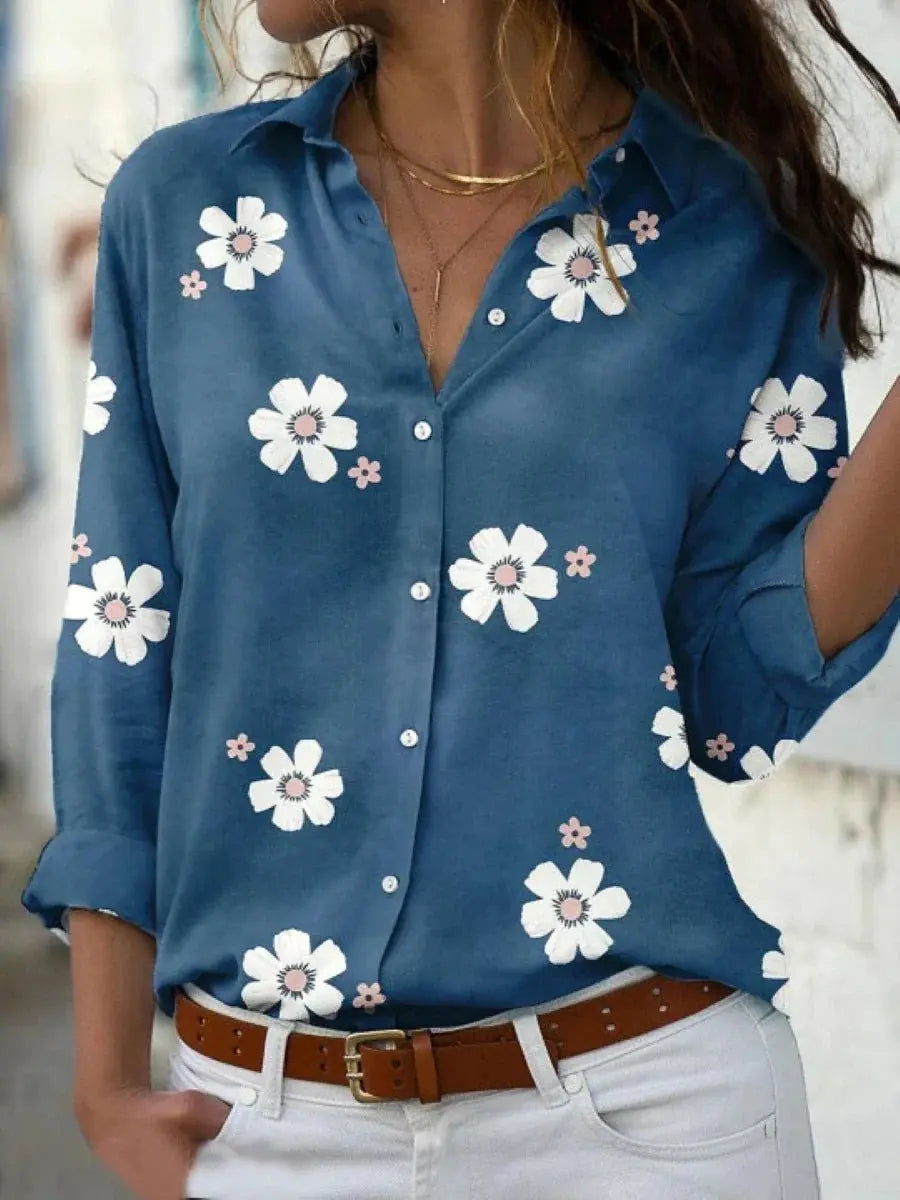 Women's Long Sleeve Blouse Floral Button Down Collar - Blue