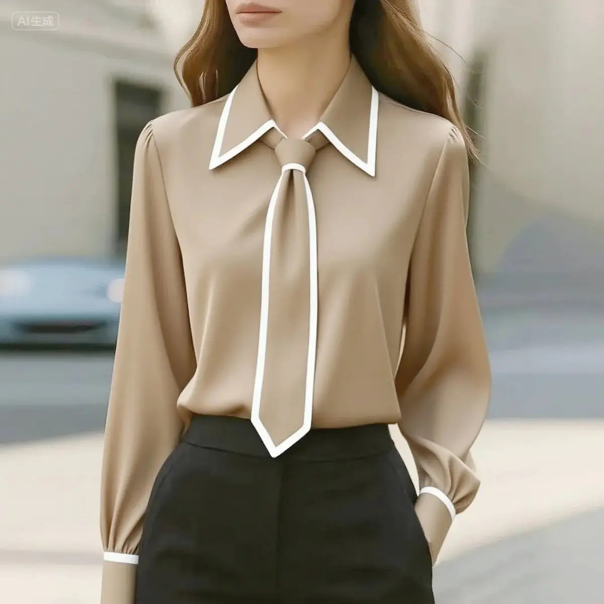Women's Long Sleeve Contrast Trim Tie Neck Button-Down Blouse - Beige