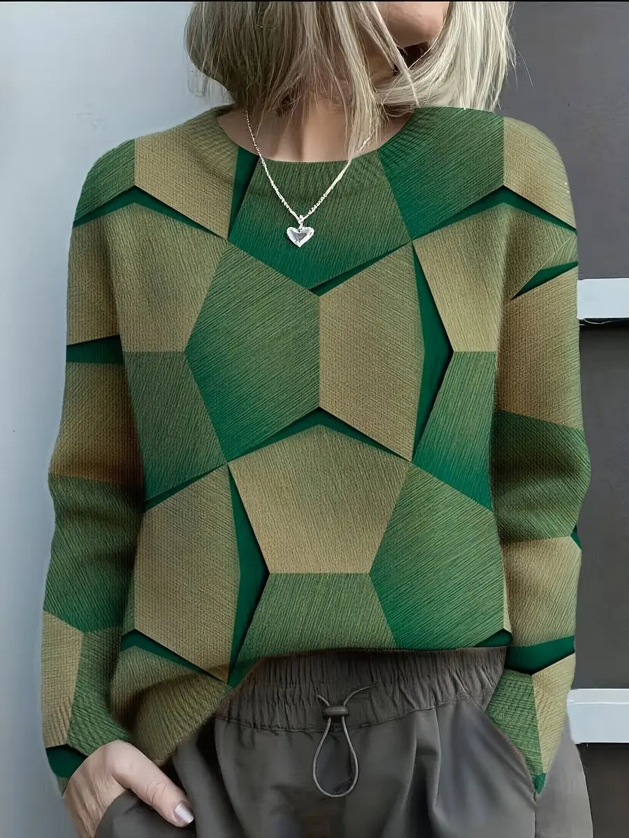 Women's Long Sleeve Geometric Print Knit Sweater Jumper - Green
