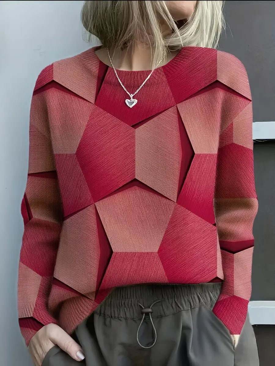 Women's Long Sleeve Geometric Print Knit Sweater Jumper - Red