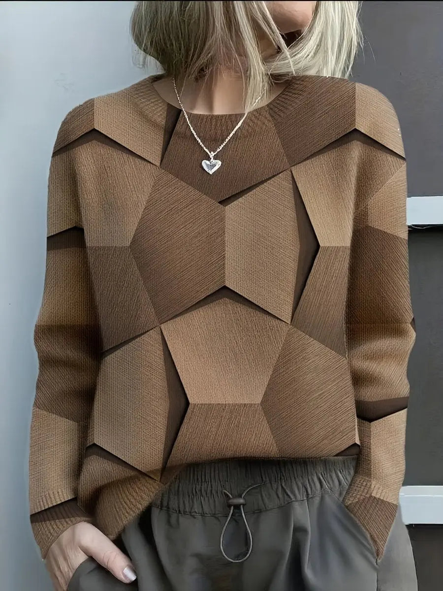 Women's Long Sleeve Geometric Print Knit Sweater Jumper - Brown