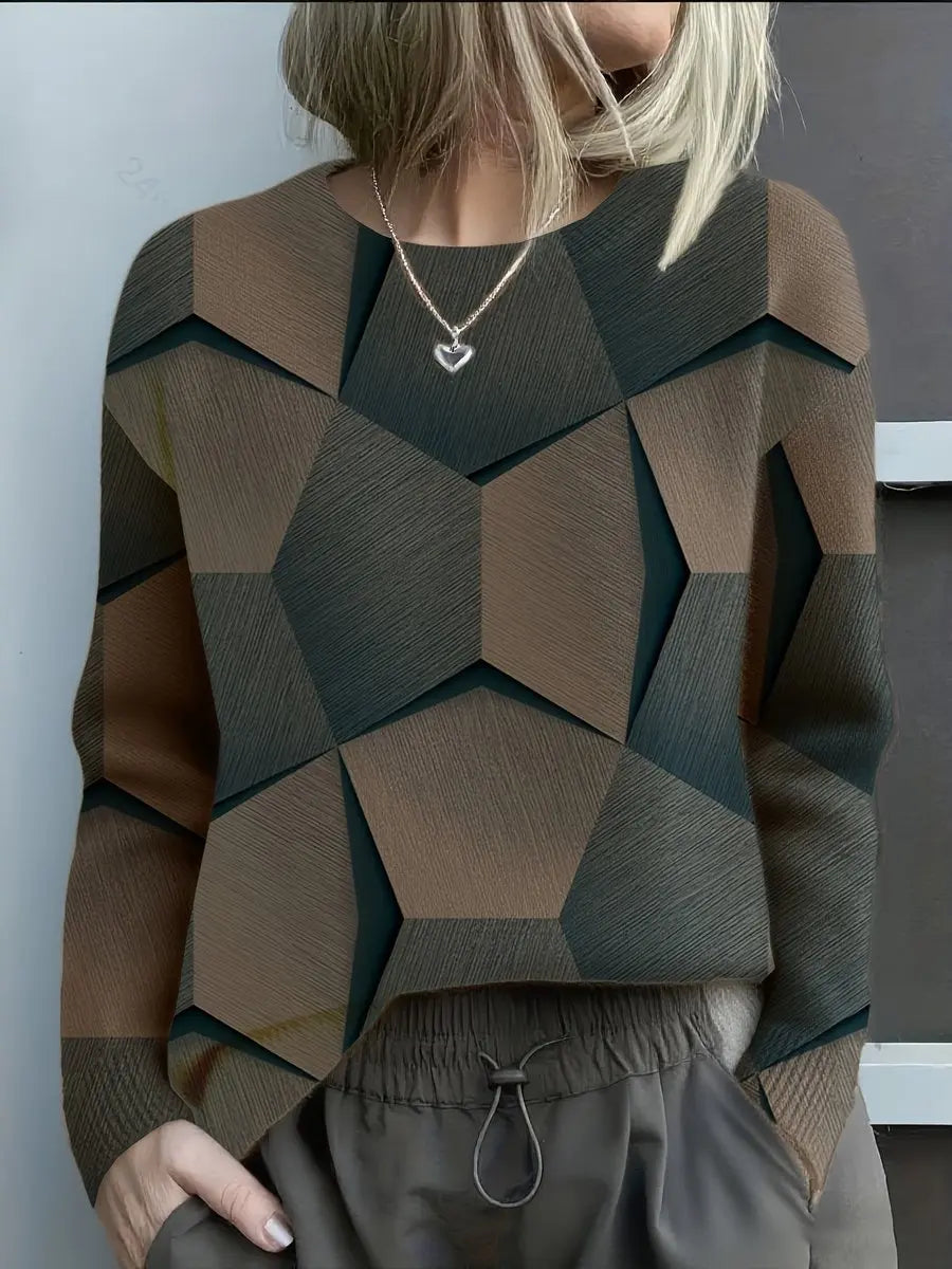 Women's Long Sleeve Geometric Print Knit Sweater Jumper - Black
