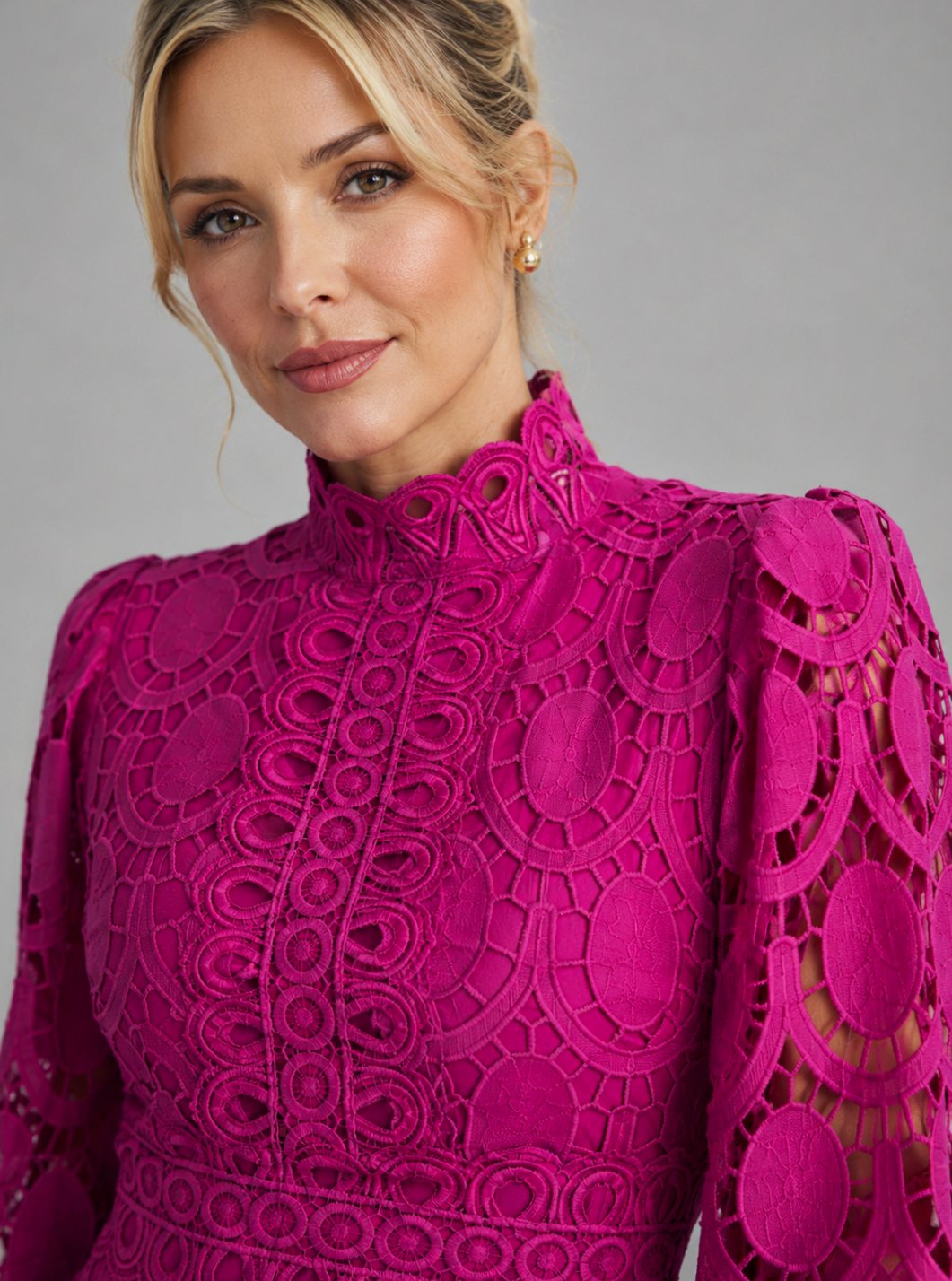 Women's Long-Sleeve High-Neck Lace Midi Dress