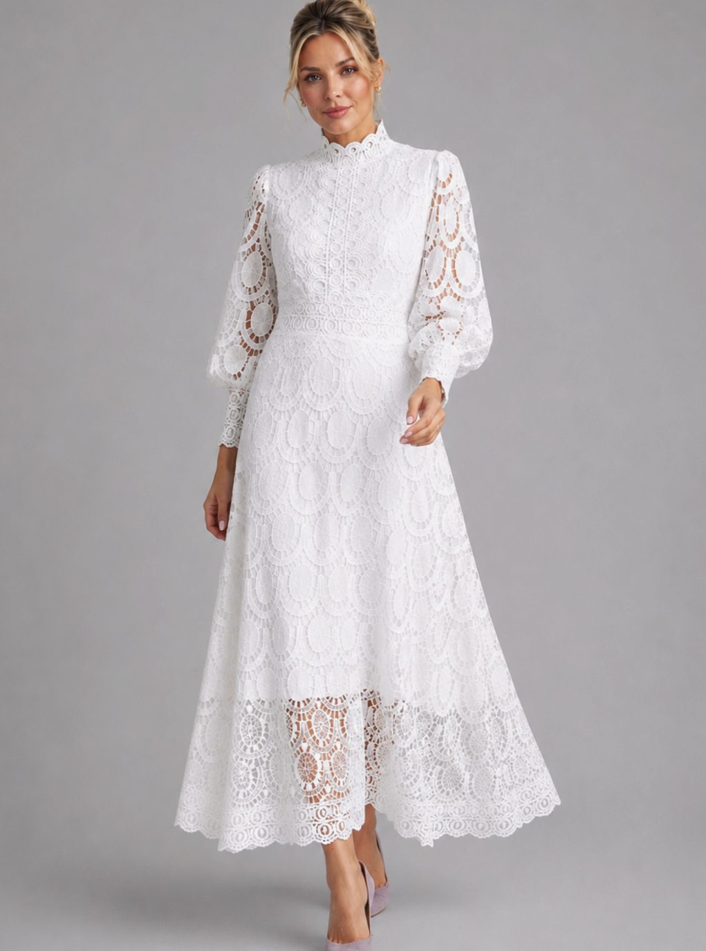 Women's Long-Sleeve High-Neck Lace Midi Dress - White