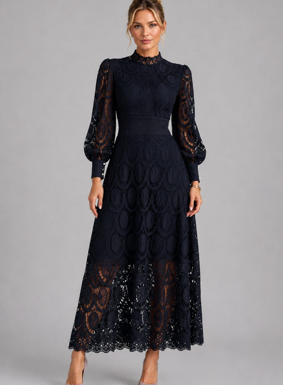 Women's Long-Sleeve High-Neck Lace Midi Dress - Black