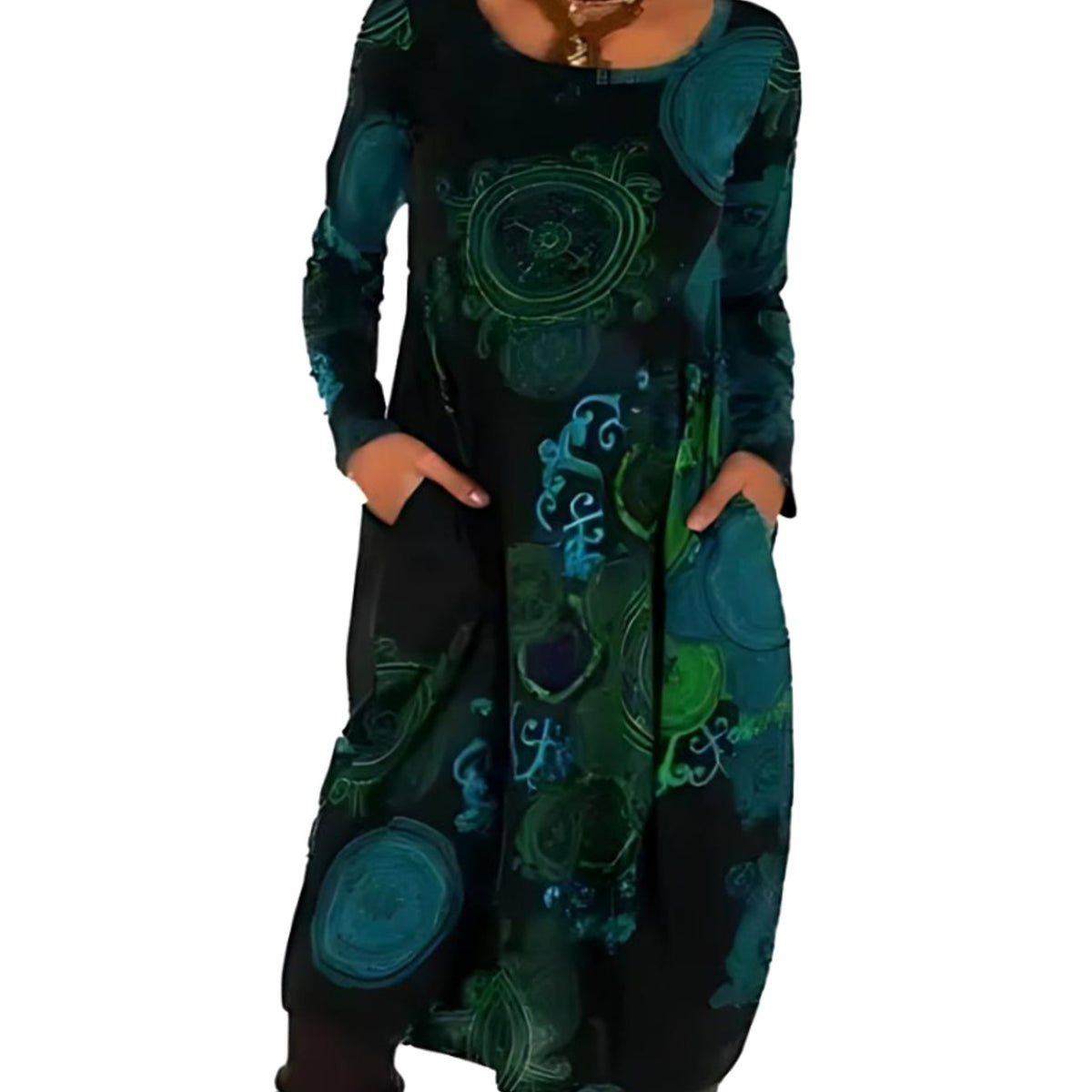 Women's Long-Sleeve Midi Dress Relaxed Fit Allover Print Pockets - Blue