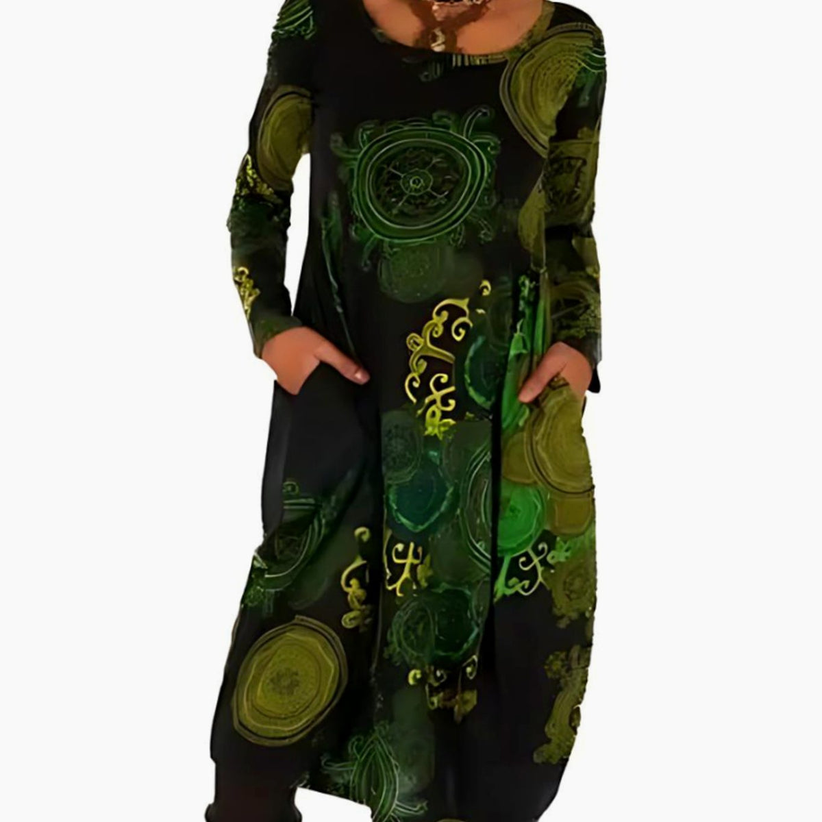 Women's Long-Sleeve Midi Dress Relaxed Fit Allover Print Pockets - Green