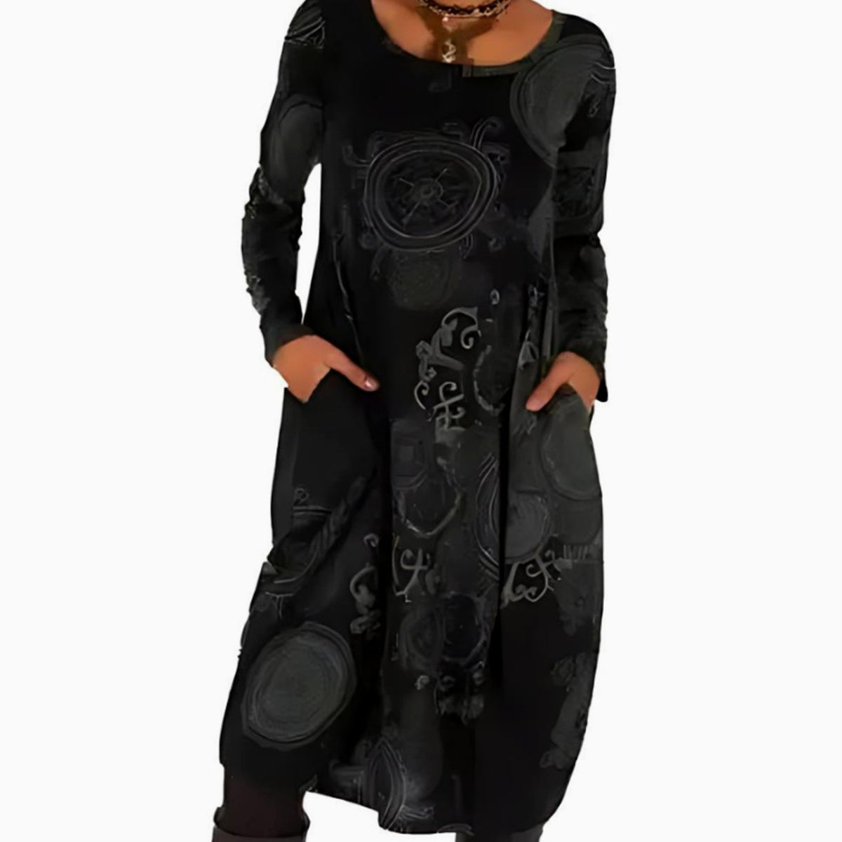 Women's Long-Sleeve Midi Dress Relaxed Fit Allover Print Pockets - Black