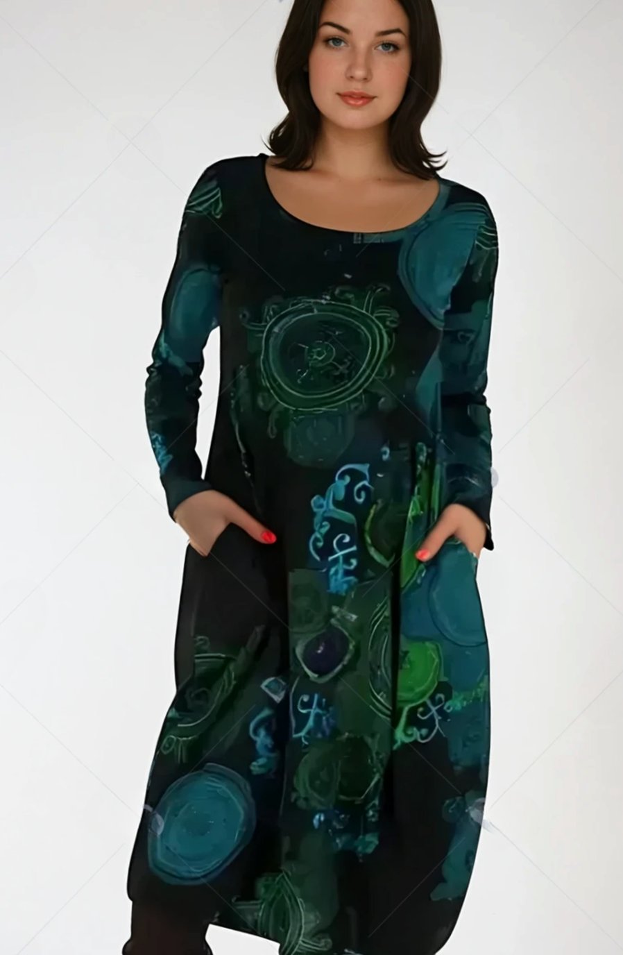 Women's Long-Sleeve Midi Dress Relaxed Fit Allover Print Pockets