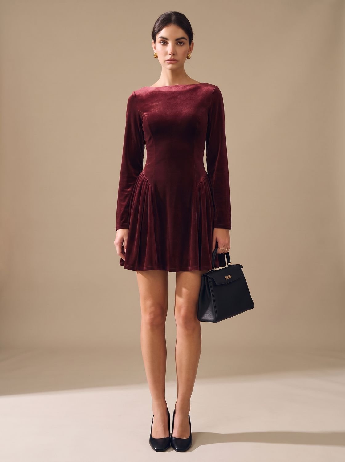 Women's Long-Sleeve Pleated A-Line Velvet Mini Dress