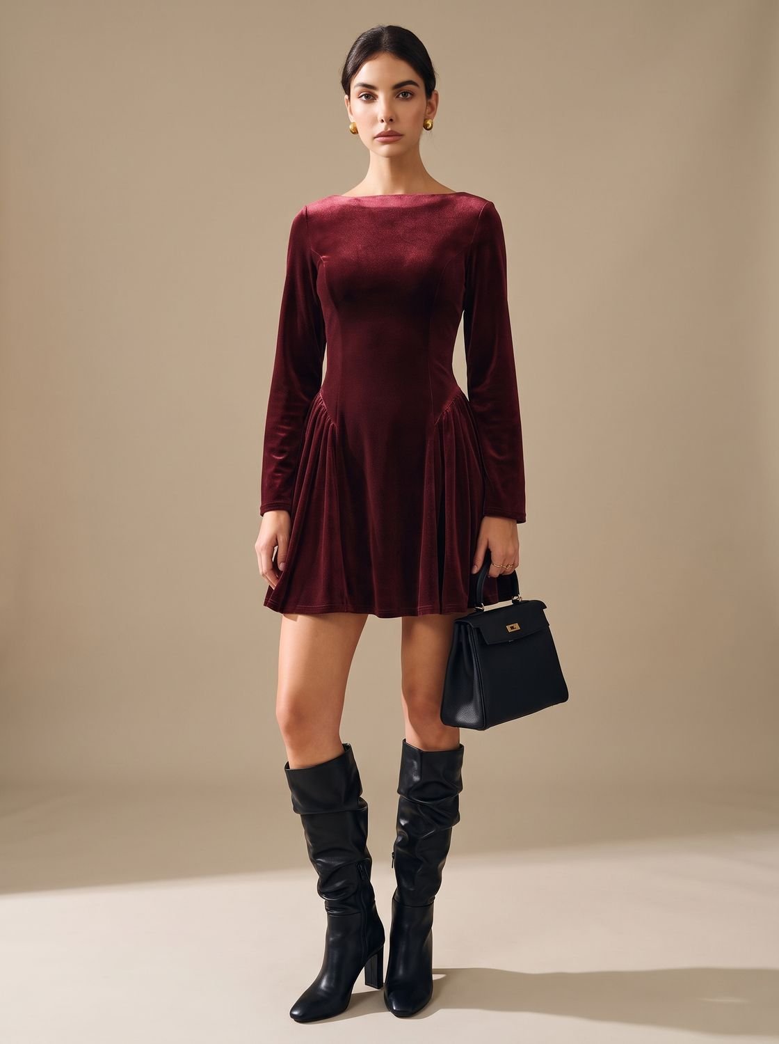 Women's Long-Sleeve Pleated A-Line Velvet Mini Dress