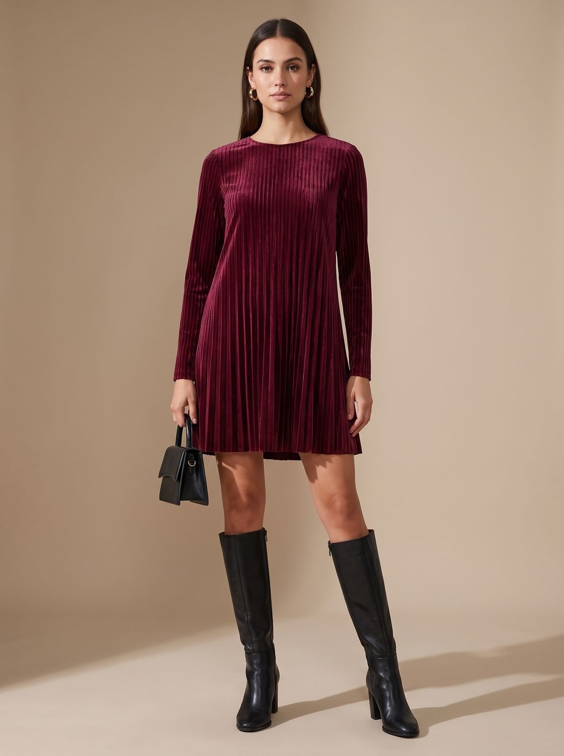 Women's Long-Sleeve Pleated A-Line Velvet Mini Dress