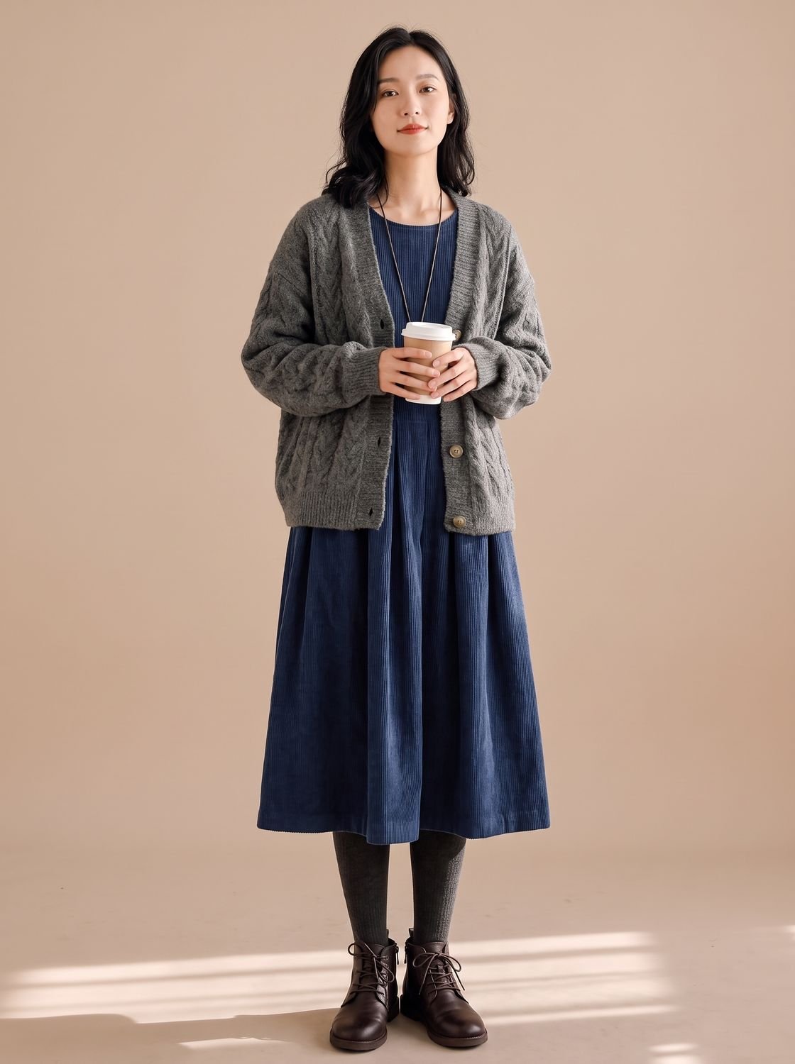 Women's Long-Sleeve Pleated Velvet Midi Dress