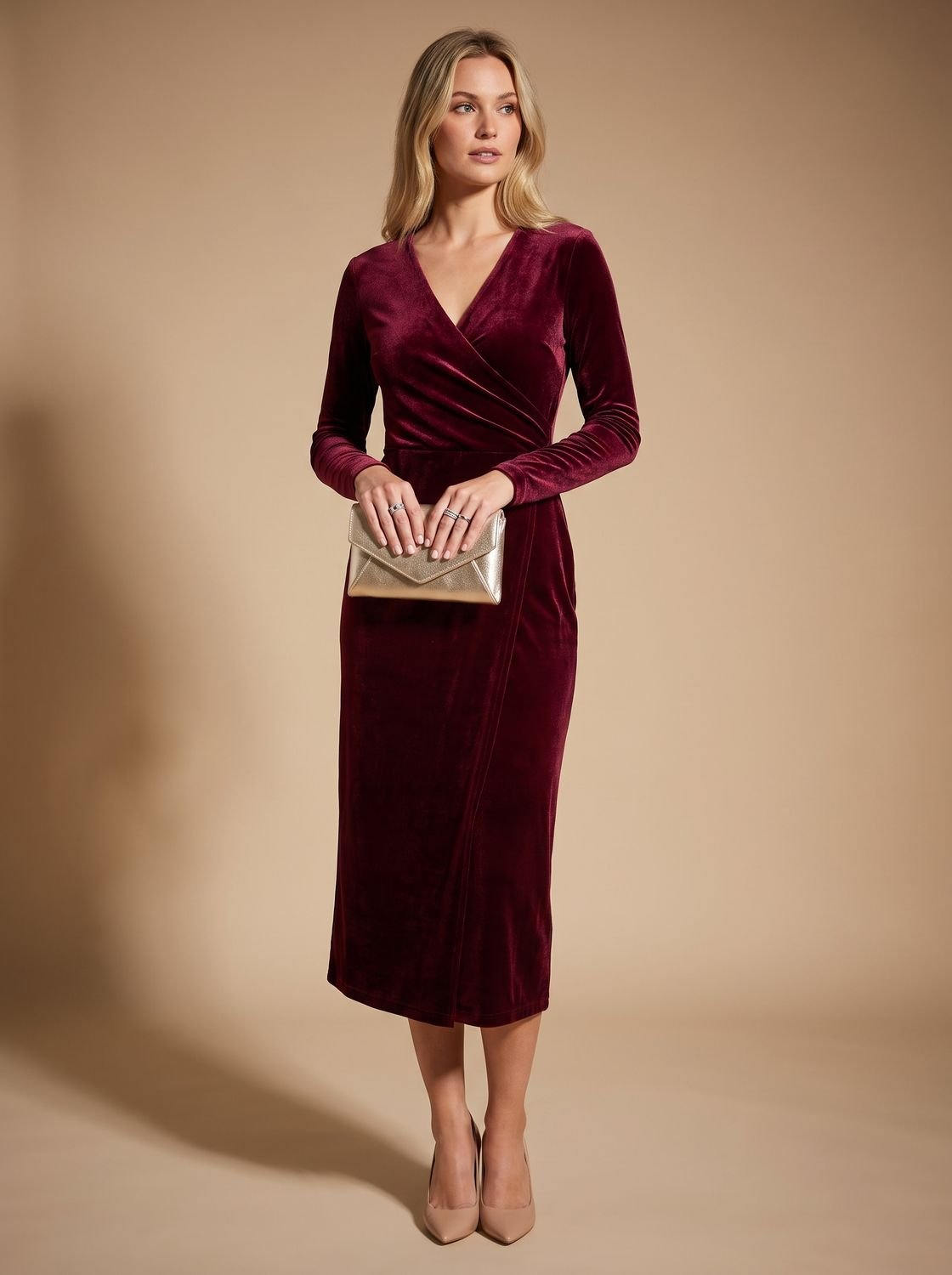Women's Long Sleeve V-Neck Velvet Dress Shaped Waist - Red