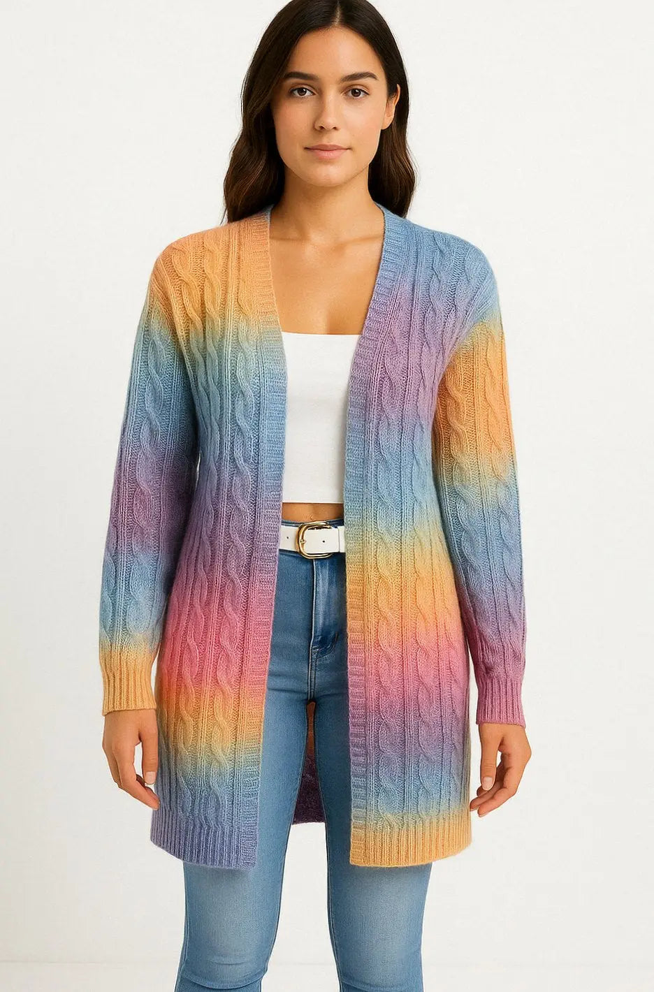 Women's Longline Cable Knit Cardigan Open Front Oversized Sweater - Blue