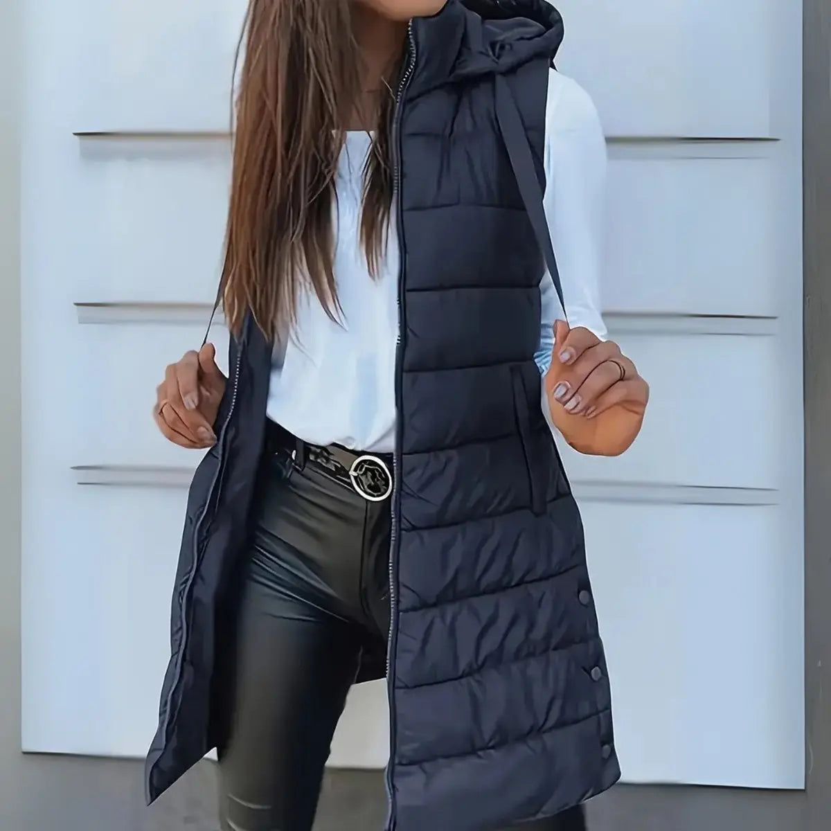 Women's Longline Hooded Sleeveless Puffer Vest - Navy Blue