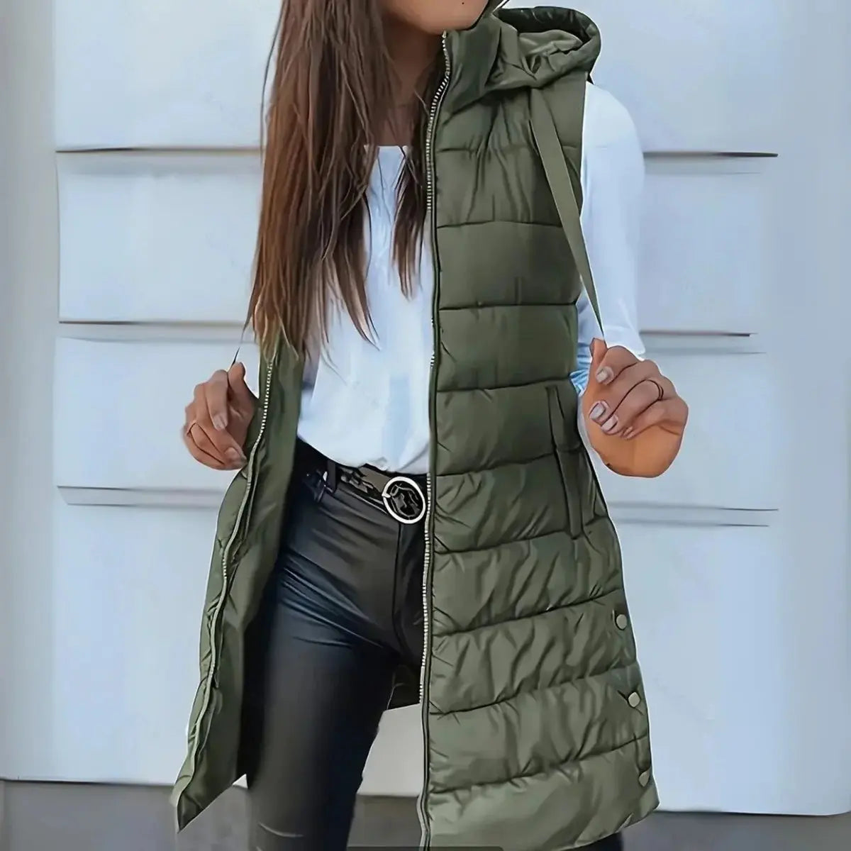 Women's Longline Hooded Sleeveless Puffer Vest - Olive Green