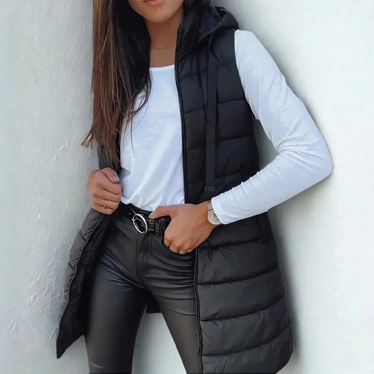 Women's Longline Hooded Sleeveless Puffer Vest - Black