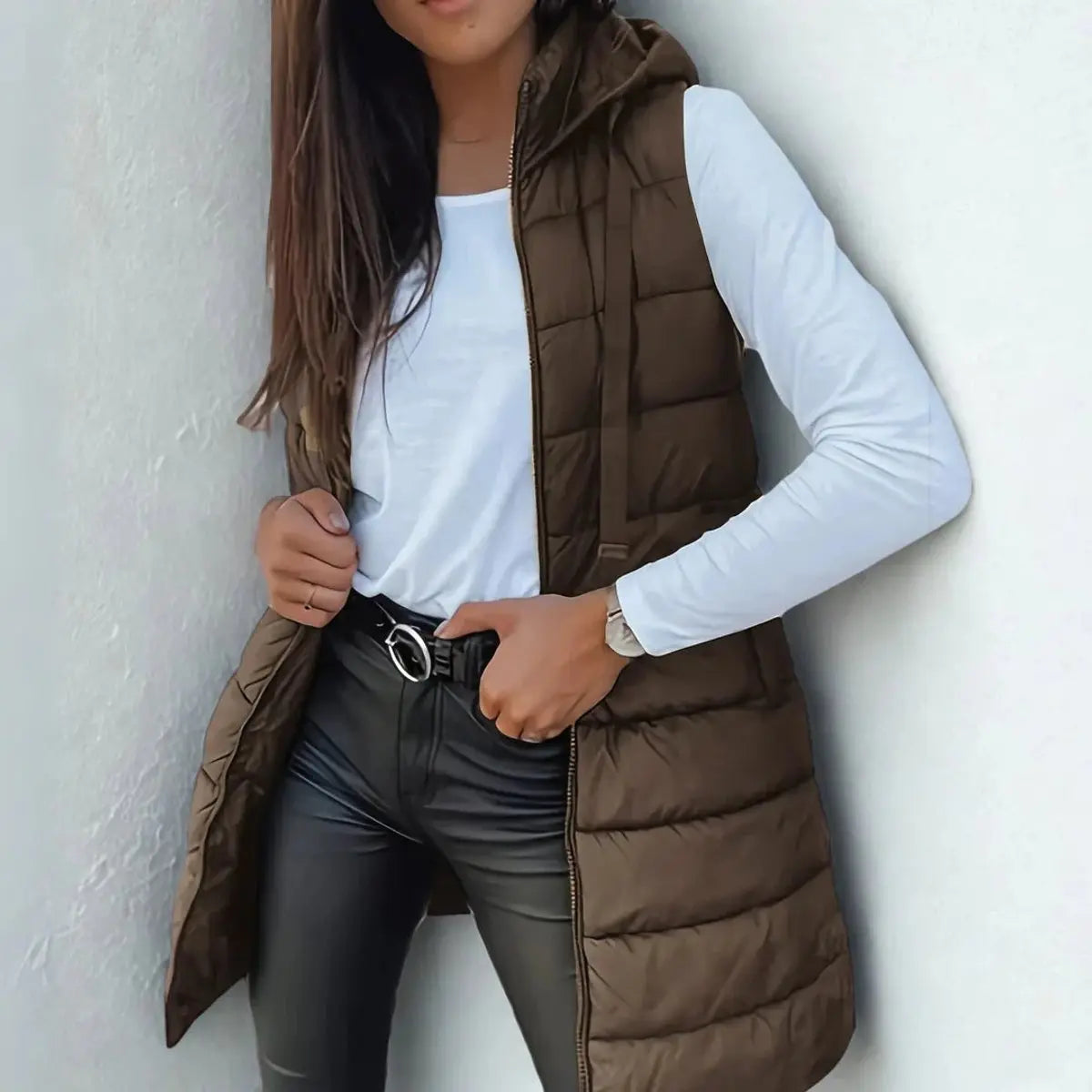 Women's Longline Hooded Sleeveless Puffer Vest - Brown
