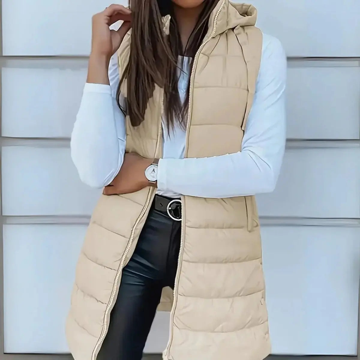 Women's Longline Hooded Sleeveless Puffer Vest - Beige