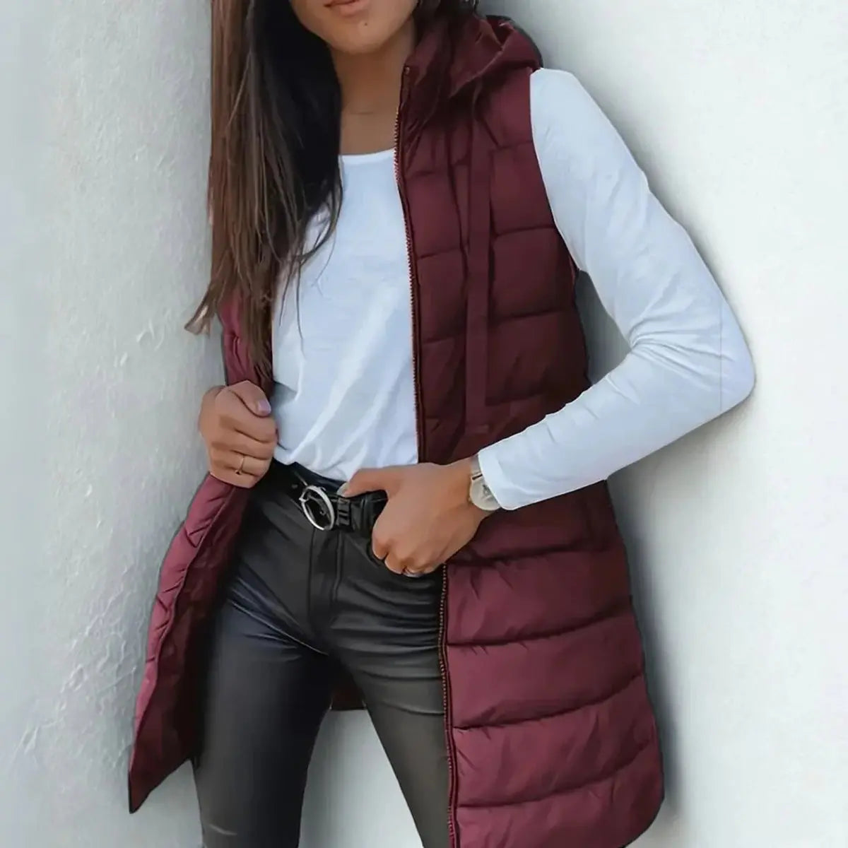 Women's Longline Hooded Sleeveless Puffer Vest - Chestnut Brown
