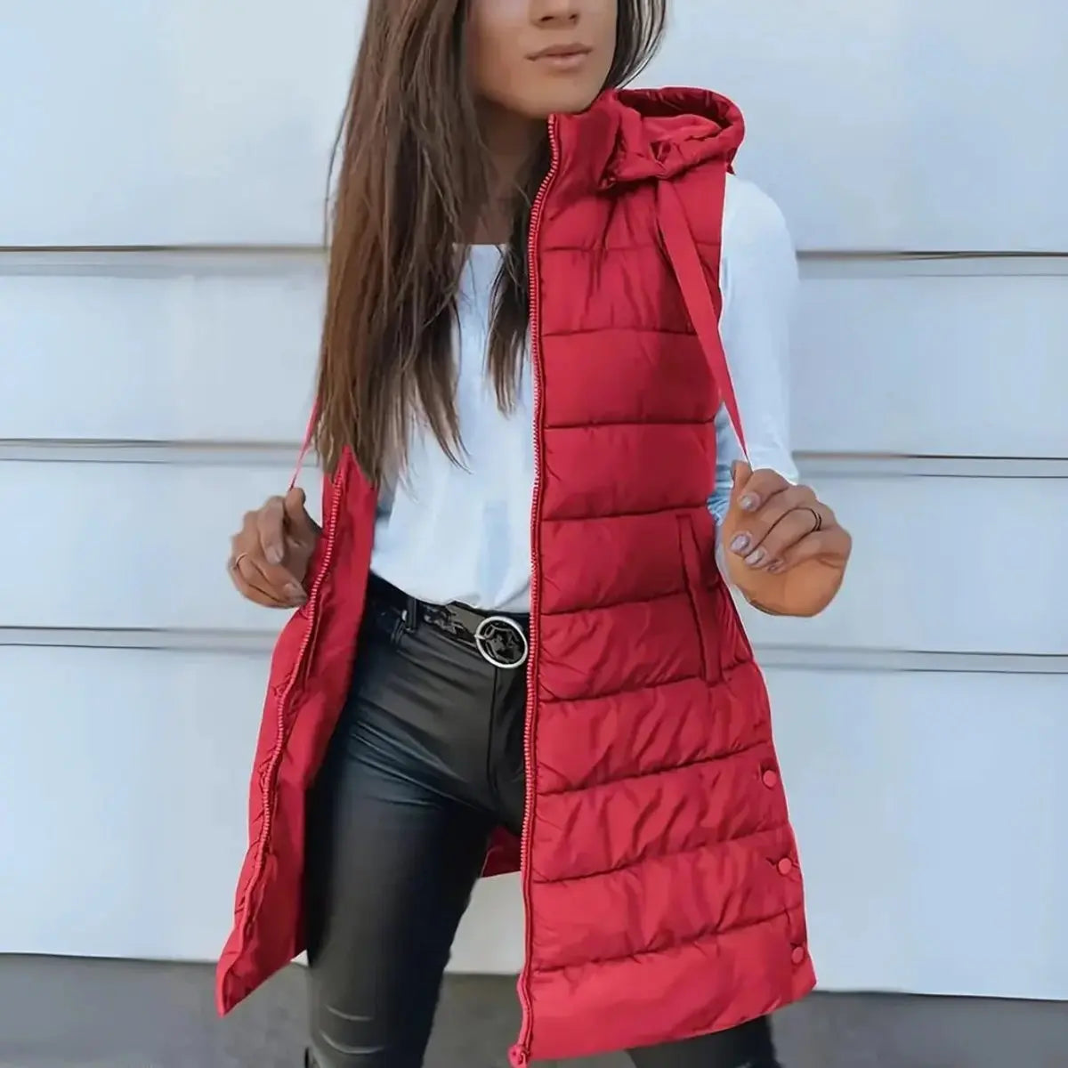 Women's Longline Hooded Sleeveless Puffer Vest - Red