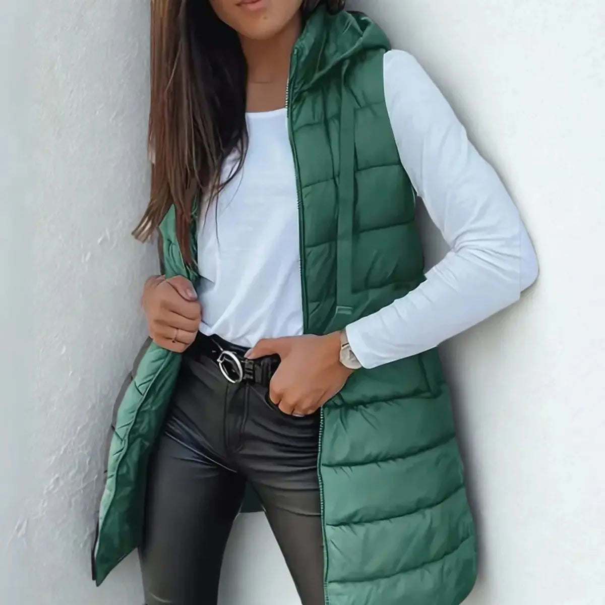 Women's Longline Hooded Sleeveless Puffer Vest - Green