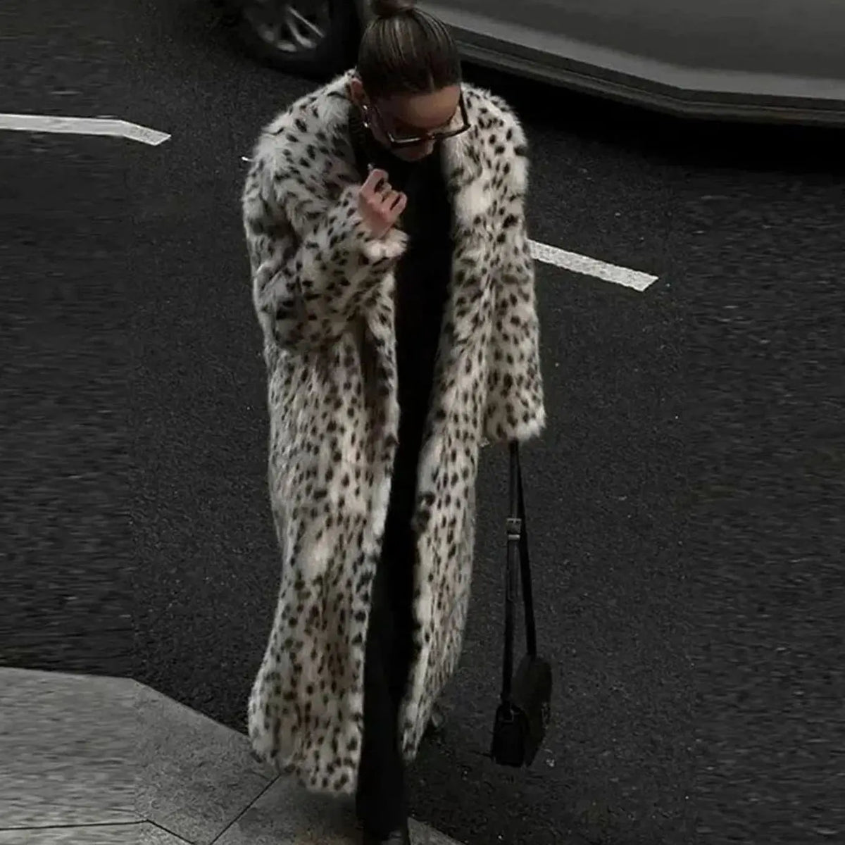 Women's Longline Leopard Print Faux Fur Coat