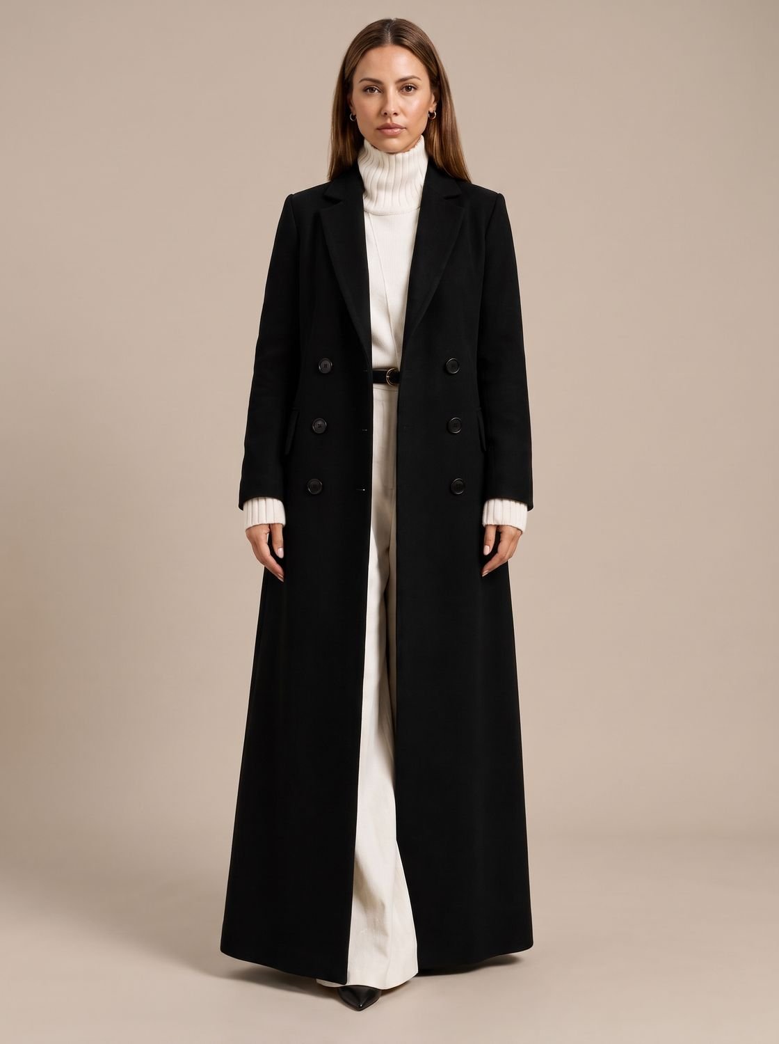 Women's Longline Warm Double Breasted Wool Coat - Black