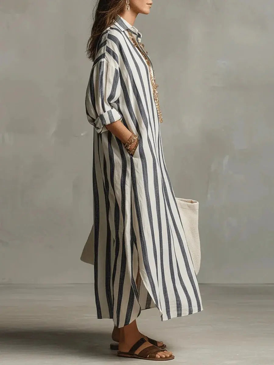 Women's Loose-Fit Striped Linen Shirt Womens Midi Dress