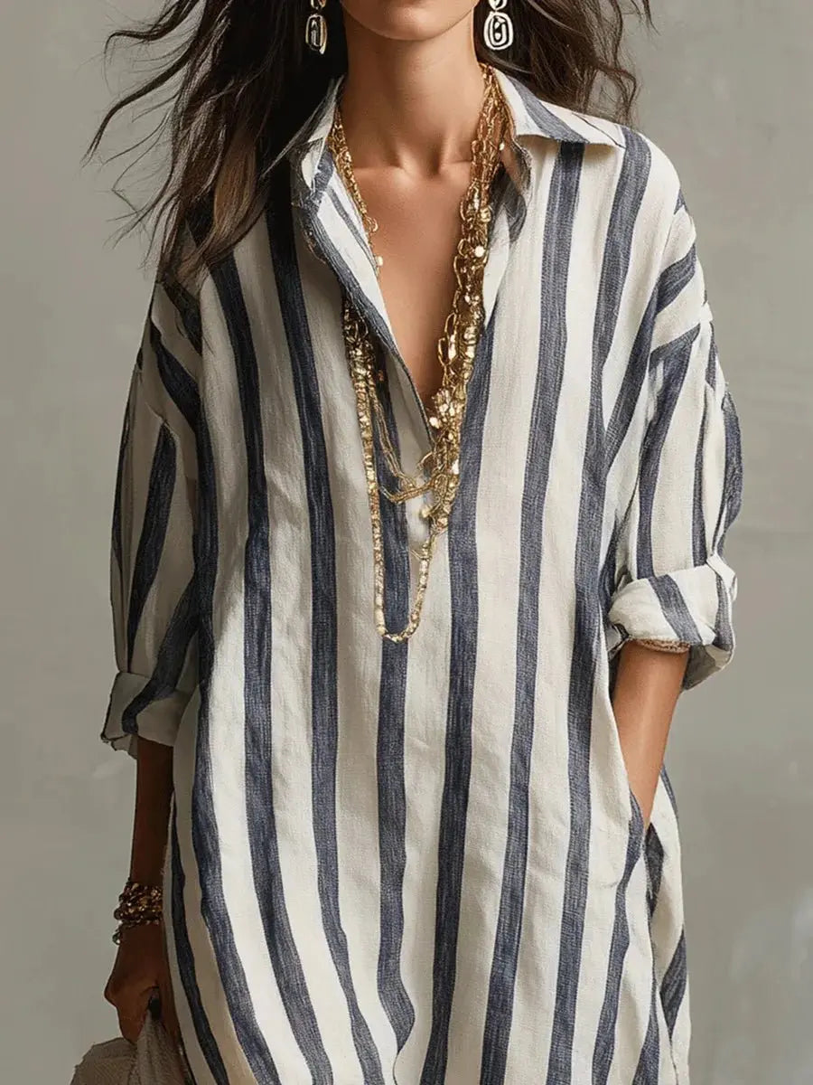 Women's Loose-Fit Striped Linen Shirt Womens Midi Dress