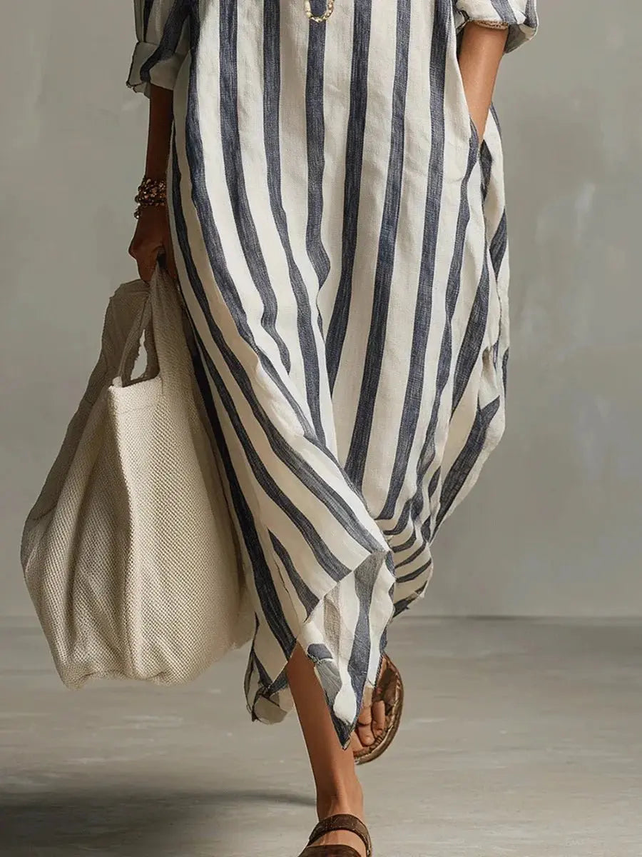 Women's Loose-Fit Striped Linen Shirt Womens Midi Dress