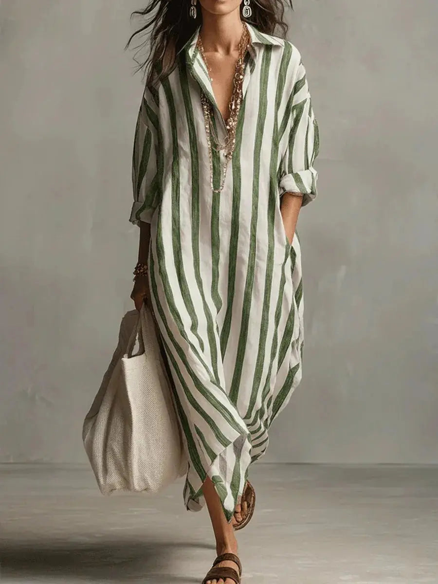 Women's Loose-Fit Striped Linen Shirt Womens Midi Dress - Green