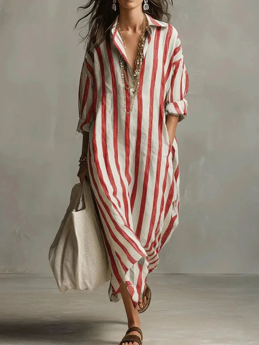 Women's Loose-Fit Striped Linen Shirt Womens Midi Dress - Red