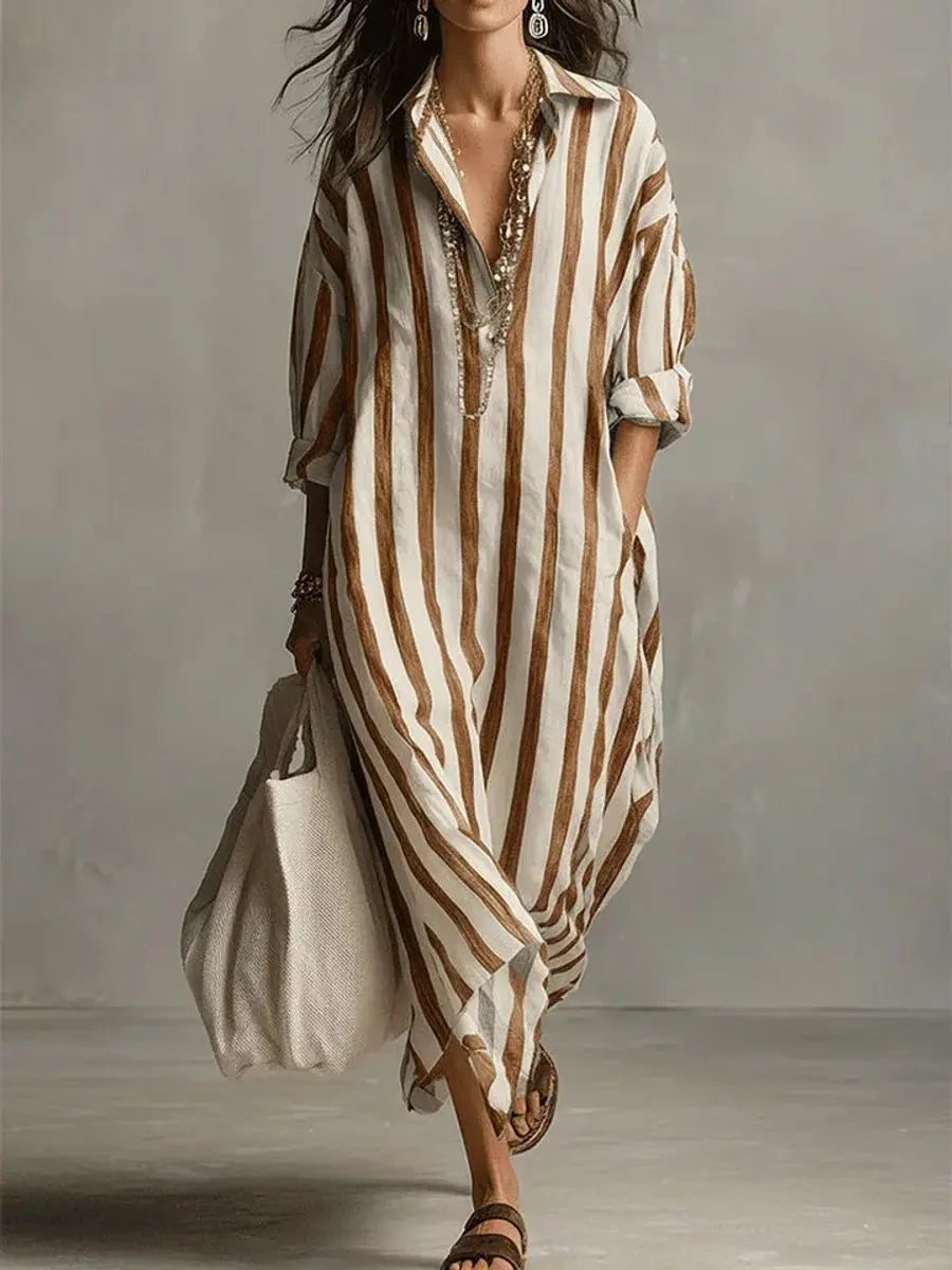Women's Loose-Fit Striped Linen Shirt Womens Midi Dress - Earthy Yellow