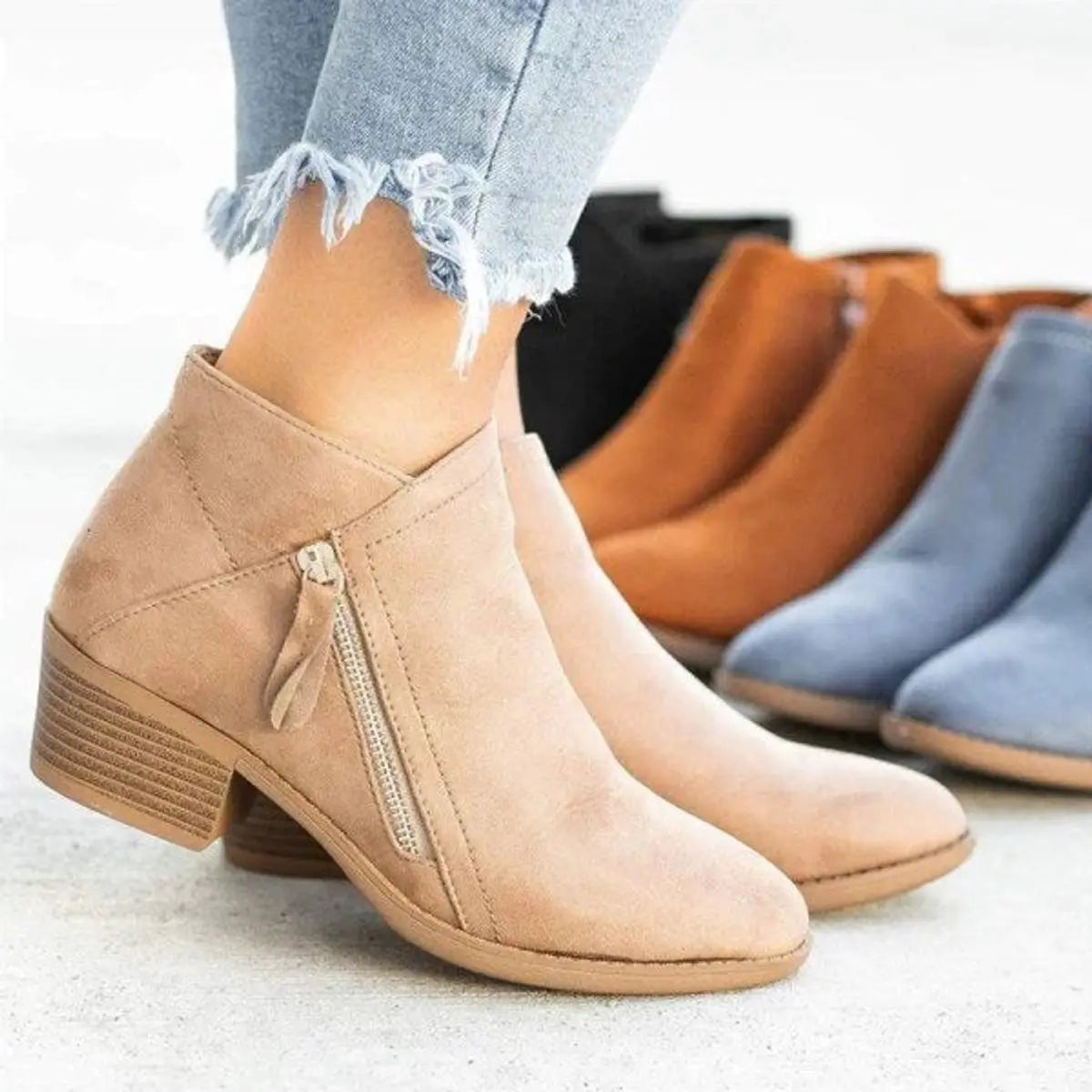 Women's Low-Heel Suede Zip-Up Ankle Boots - Beige