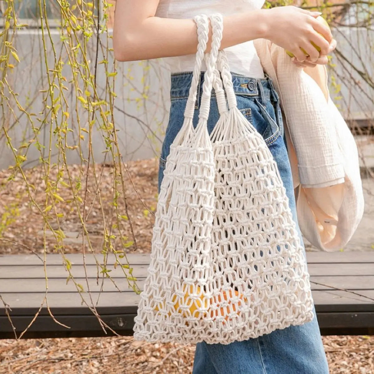 Women's Macrame Cotton Net Shopper Tote Bag