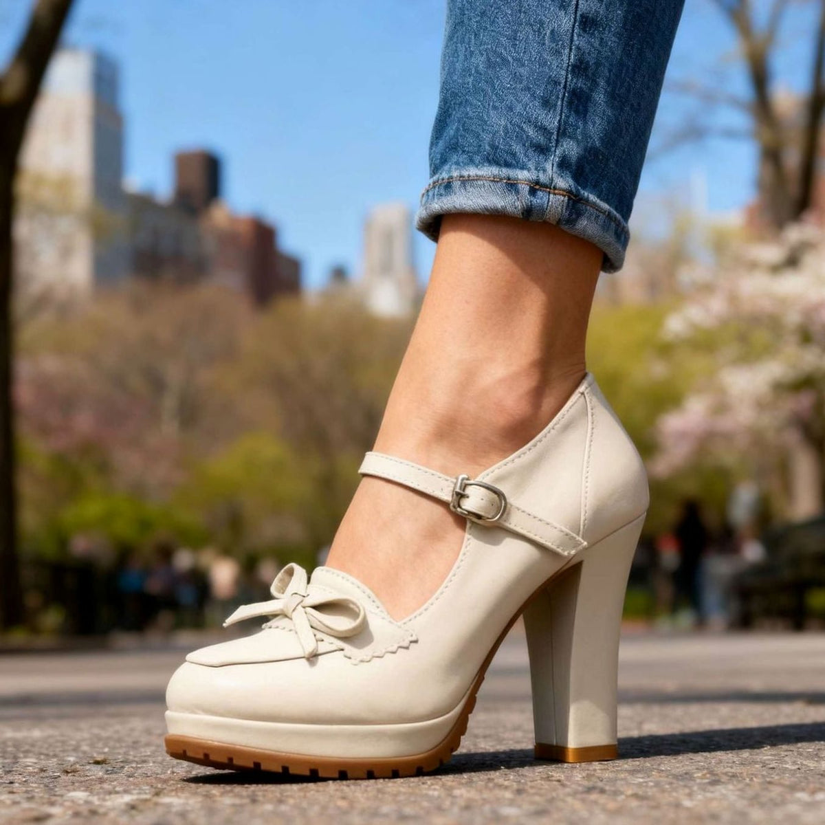 Women's Mary Jane Block Heel Platform Pumps Bow Buckle Strap